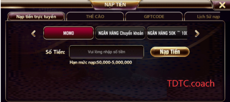 Nạp tiền vào nhà cái TDTC rất hiện đại