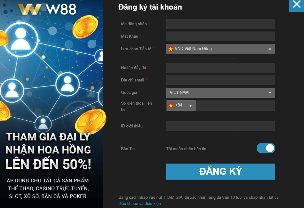 Đăng ký đại lý w88 nhận đặc quyền từ nhà cái Đăng ký đại lý w88 nhận đặc quyền từ nhà cái